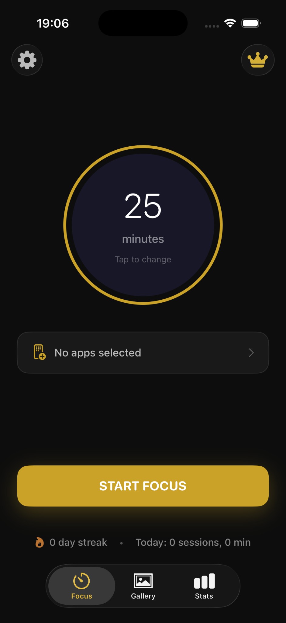 FocusArt timer screen showing 25 minute focus session