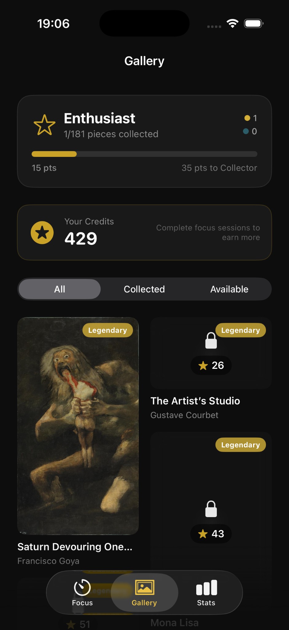 FocusArt statistics showing focus time and streaks